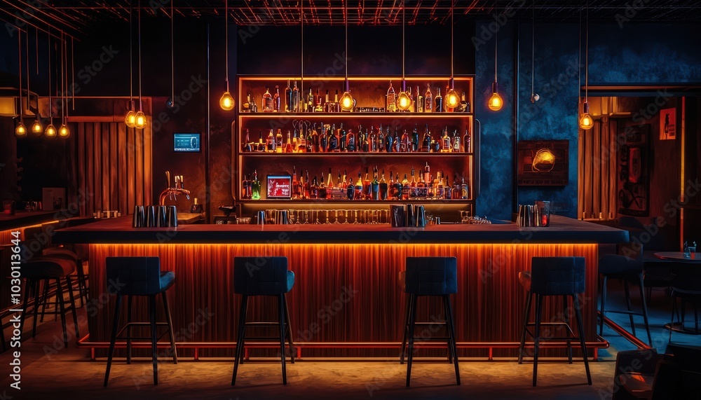 A night scene in a bar with bar chairs and dim lighting, creating a luxurious atmosphere A night scene in a bar with bar chairs and dim lighting, creating a luxurious atmosphere