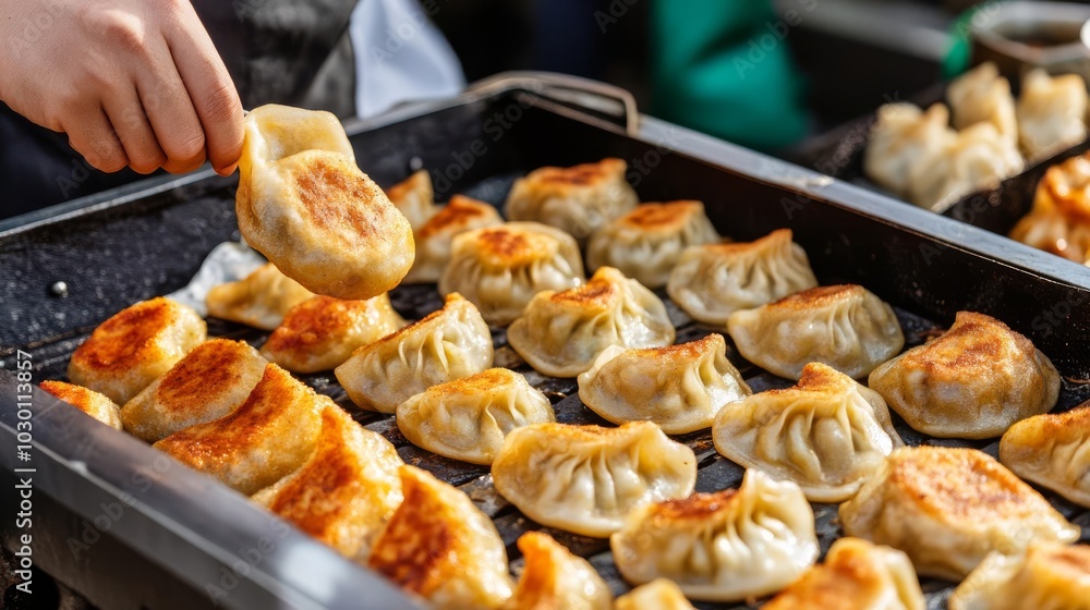 Vendor frying spicy dumplings, busy street market, urban scene Vendor frying spicy dumplings, busy street market, urban scene