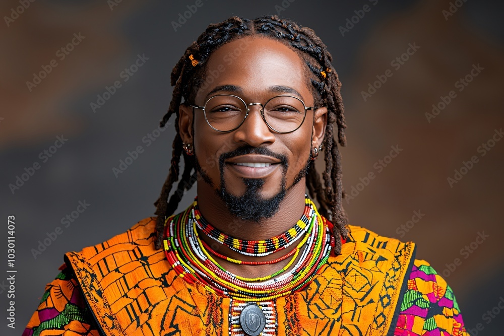 Obraz premium Portrait of a Smiling African Man with Dreads and Traditional Jewelry
