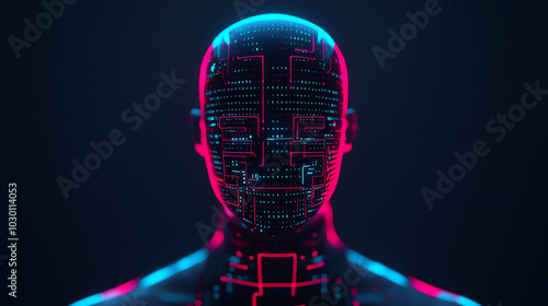 Futuristic digital humanoid with neon circuit patterns on its surface against a dark background, representing advanced technology and artificial intelligence concepts. photo