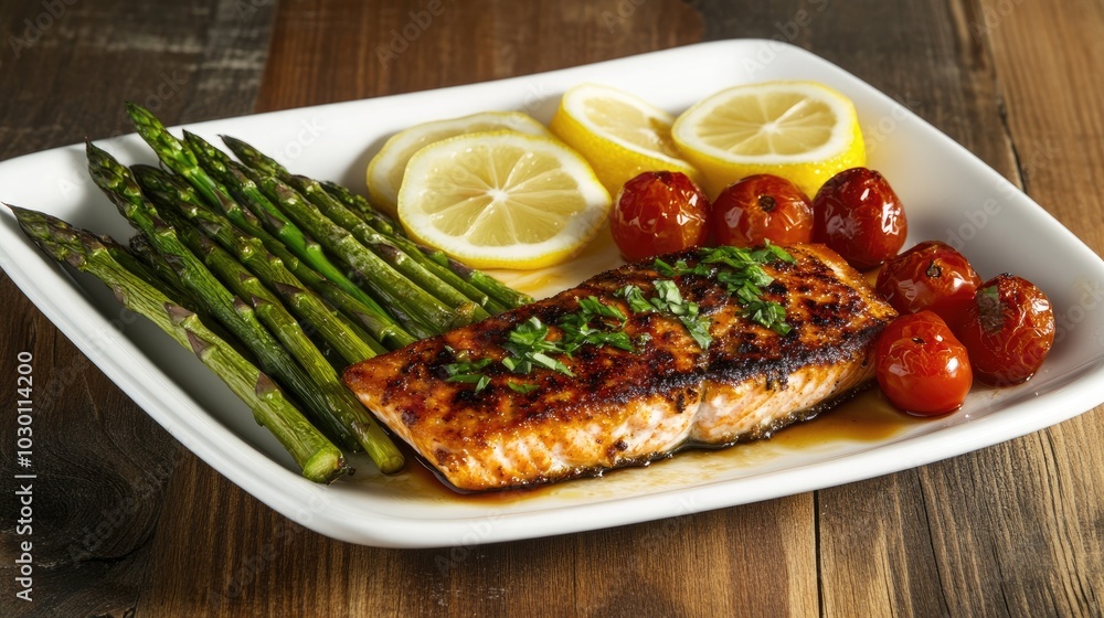 Delicately Plated Fried Salmon with Vegetables Delicately Plated Fried Salmon with Vegetables