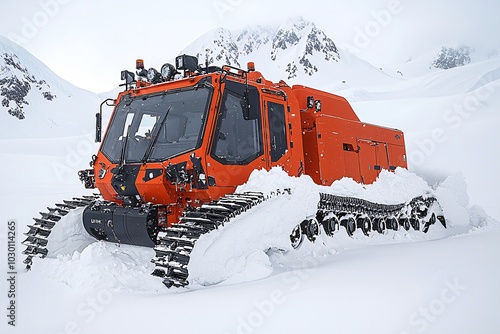 Orange Snow Cat Heavy Equipment Vehicle in Snowy Mountain Landscape