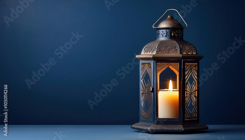 Intricately Designed Metal Lantern with Soft Candlelight Glowing in a Deep Blue Winter Night Setting. Ideal for Creating a Cozy Holiday Ambiance, Festive Decor, or Warm Indoor Winter Evenings