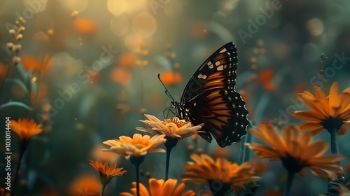 Butterfly on flower in the meadow. Nature background.