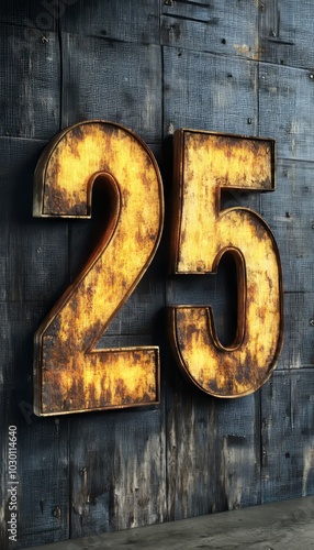 Number 25, Illuminated Rustic Metal Numerals Mounted On Distressed Barn Wood Background