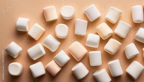 Wallpaper Mural Overhead Flat Lay of Soft Pastel Marshmallows Arranged in a Symmetrical Pattern on a Warm Beige Background, Perfect for Winter Themed Food Styling, Hot Cocoa Toppings, or Cozy Holiday Dessert Concepts Torontodigital.ca