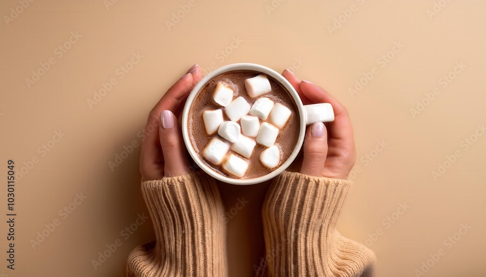 Warm and cozy hot chocolate with marshmallows in a mug held by hand in a knitted sweater perfect for winter comfort and festive moments ideal for seasonal marketing campaigns or holiday social media Warm and cozy hot chocolate with marshmallows in a mug held by hand in a knitted sweater perfect for winter comfort and festive moments ideal for seasonal marketing campaigns or holiday social media