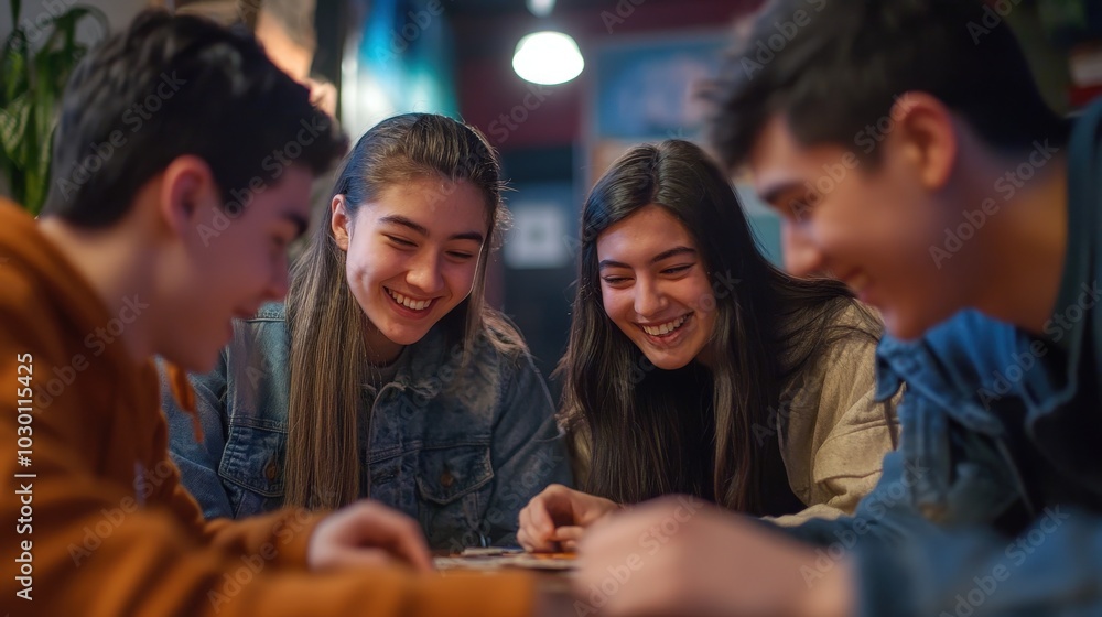 A group of young people working together to solve a puzzle during an escape room challenge, smiles on their faces A group of young people working together to solve a puzzle during an escape room challenge, smiles on their faces