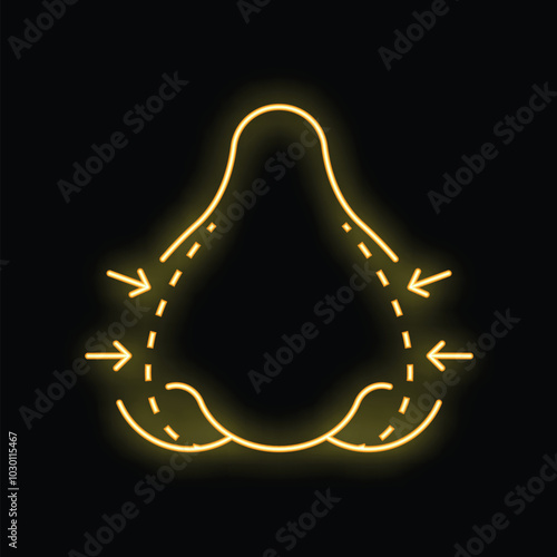 Glowing neon line icon of a human body silhouette with arrows pointing inwards symbolizing liposuction, fat removal and body contouring