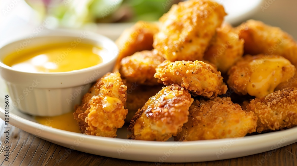 Closeup of Crispy Fried Chicken Nuggets with Mustard Dip Closeup of Crispy Fried Chicken Nuggets with Mustard Dip