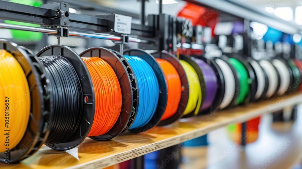 Obraz premium Recycled Material 3D Printing: An environmentally-friendly process where 3D printers work with recycled plastic filaments, reducing waste and supporting material reuse.