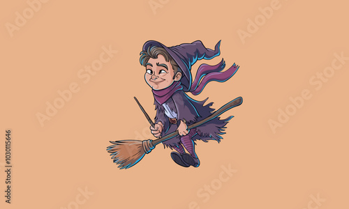 Cheerful young witch flying on a broomstick.