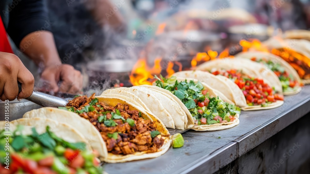Vendor making tacos, smoky air, vibrant urban night market Vendor making tacos, smoky air, vibrant urban night market