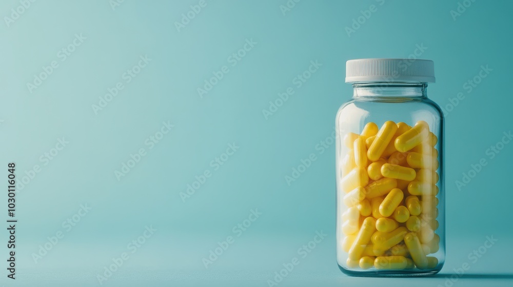 Transparent bottle with yellow pills, on a soft blue background with copy space Transparent bottle with yellow pills, on a soft blue background with copy space