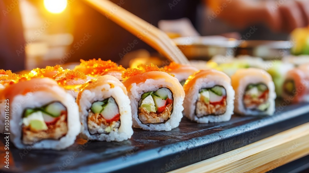 Vendor serving fresh sushi rolls, crowded market, urban night Vendor serving fresh sushi rolls, crowded market, urban night