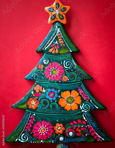 christmas, tree, red, close up, card, design, copy space, folk, retro, bohemian, decoration, holiday, xmas, christmas tree, winter, celebration, ornament, star,, with, on, solid, background, ad, gift photo