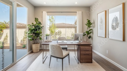 A spacious home office with a minimalist design, featuring a stylish desk, comfortable chair