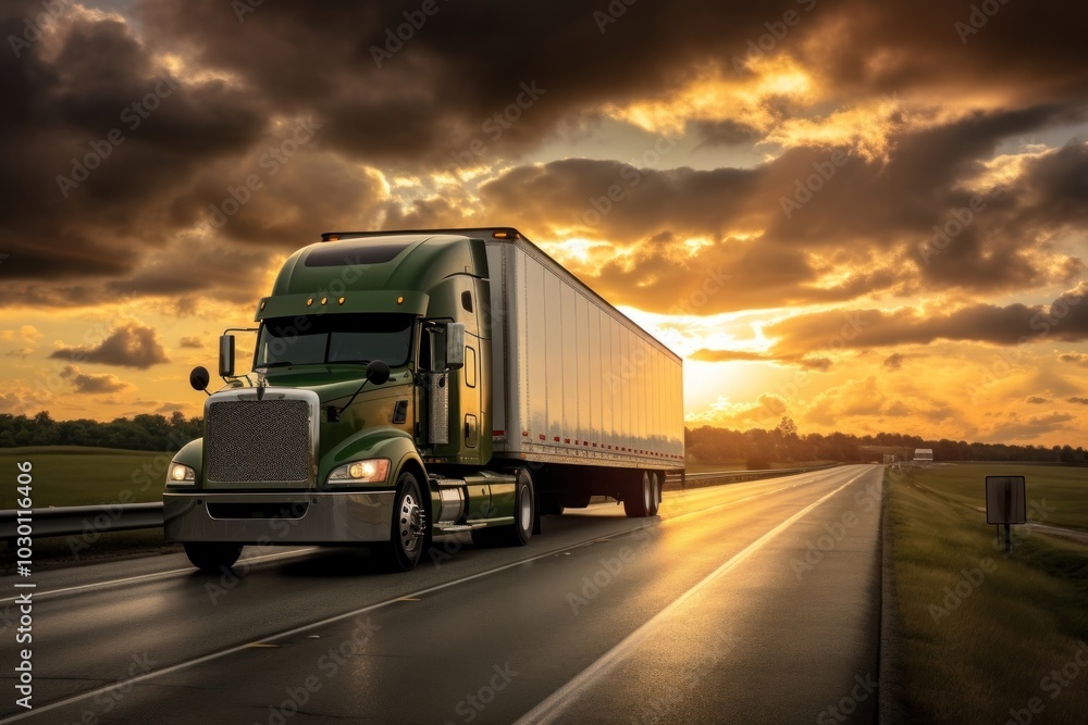 Moving truck vehicle highway sunset. Moving truck vehicle highway sunset.
