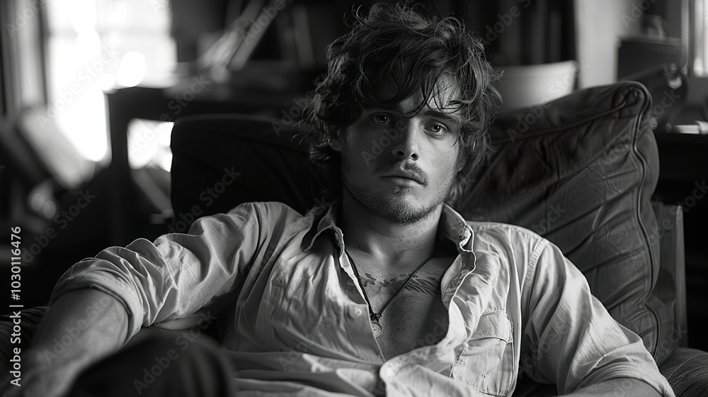 Obraz premium Black and White Portrait of a Young Man Sitting in a Chair