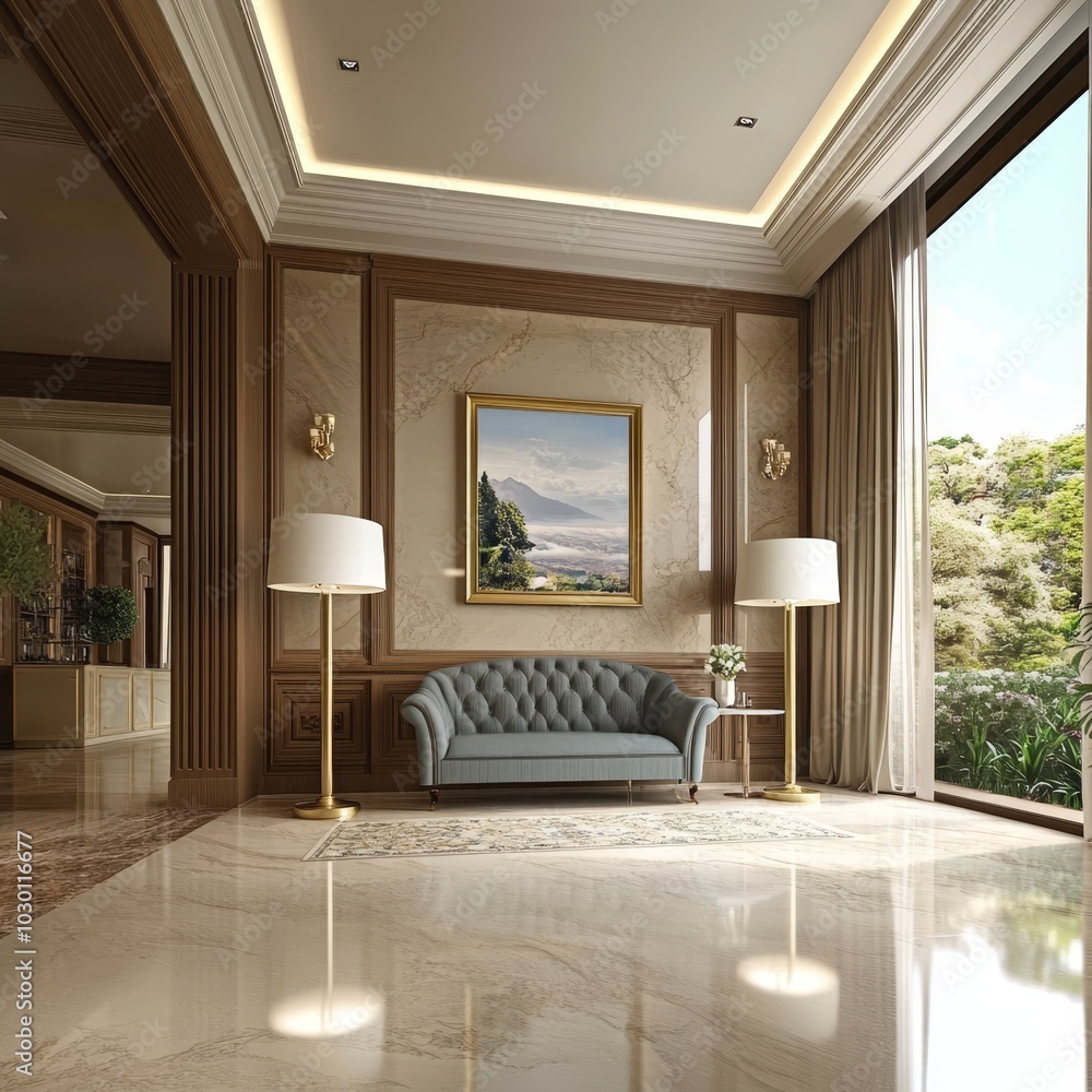 Elegant Classic Style Hall Interior Design with Blue Sofa, Side Table, Floor Lamp, and Large Windows Elegant Classic Style Hall Interior Design with Blue Sofa, Side Table, Floor Lamp, and Large Windows