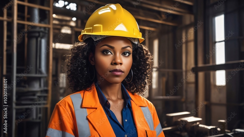 Black woman engineer wearing hard hat posing in a factory Black woman engineer wearing hard hat posing in a factory
