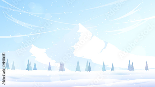 Snowy mountain landscape with trees against a clear blue sky. Snowfall. Concept of natural winter landscape. Vector illustration.