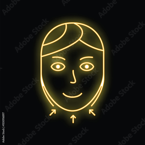 Yellow neon sign representing a facelift surgery with arrows pointing at the skin