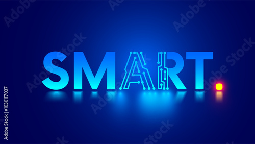 Word Smart with letters AI in pcb electronic style. Text SMART on blue. Artificial intelligence abbreviation in vector word SMART.