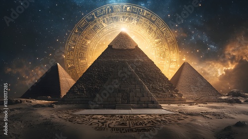 Pyramids forming a circular alignment, their tips pointing to the stars above, ancient symbols etched in the sand beneath, illuminated by a cosmic glow