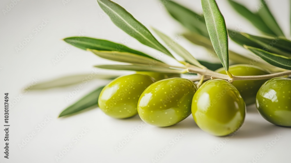 Closeup of green olives on a branch with leaves against a white background. Closeup of green olives on a branch with leaves against a white background.