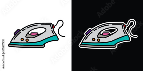 Electric iron on white and black background. Original vector illustration in vintage style.