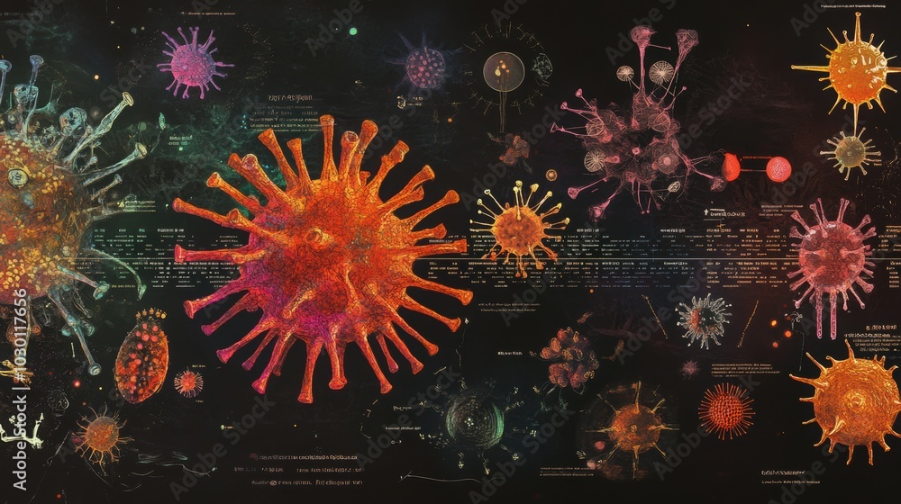 Obraz premium An artistic representation of virus mutations over time, showing the evolution of different strains
