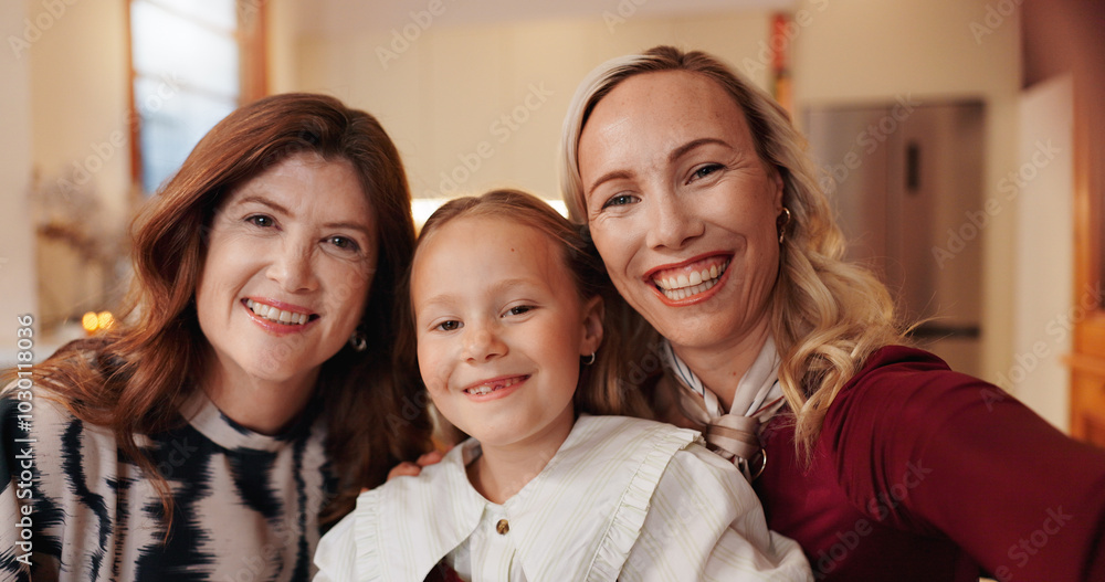Grandmother, child and mother in selfie portrait on couch with happiness, love and support in home. Family, care and smile together in living room, apartment or relax on sofa in house for generations