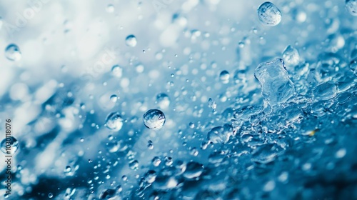 Closeup of water droplets splashing and falling, creating a blue and white abstract pattern.