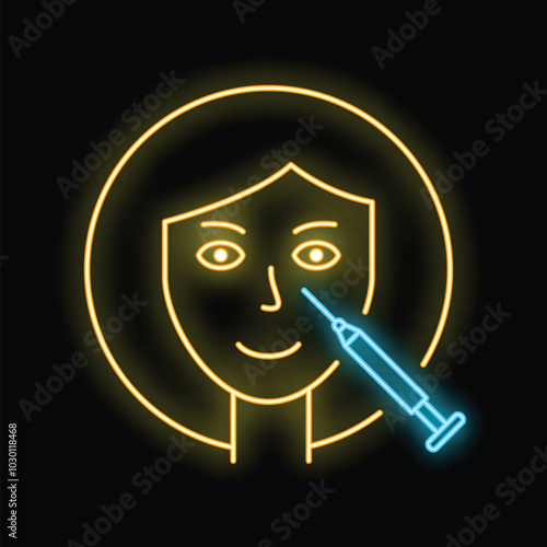 Neon sign representing a syringe injecting botox or hyaluronic acid on a woman face for plastic surgery purpose