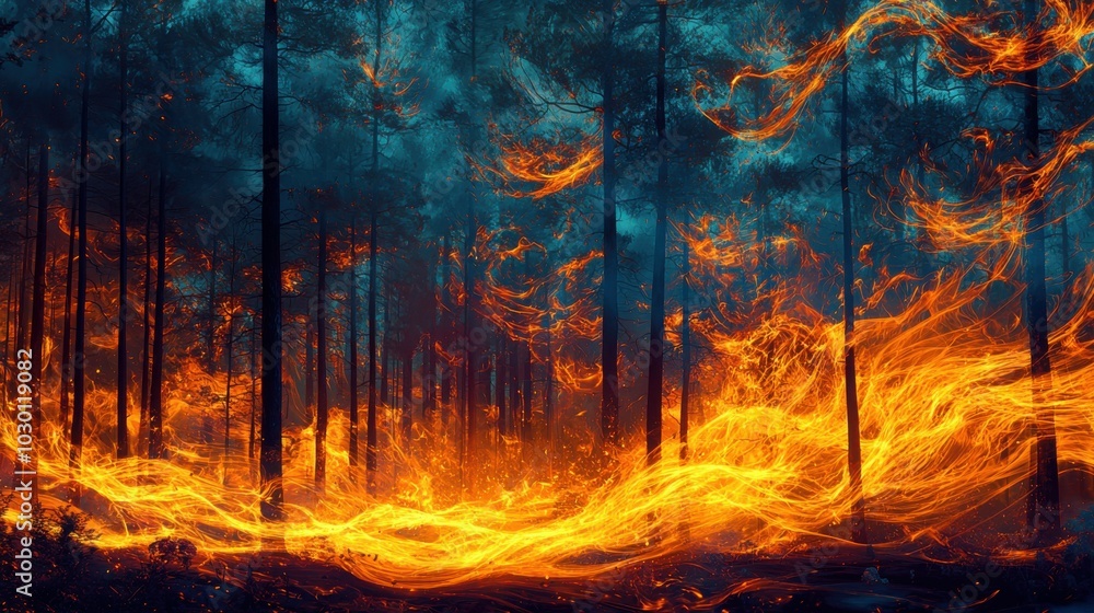 A mesmerizing view of a forest fire engulfing trees at night, with vibrant flames highlighted against a dark, misty backdrop. A mesmerizing view of a forest fire engulfing trees at night, with vibrant flames highlighted against a dark, misty backdrop.