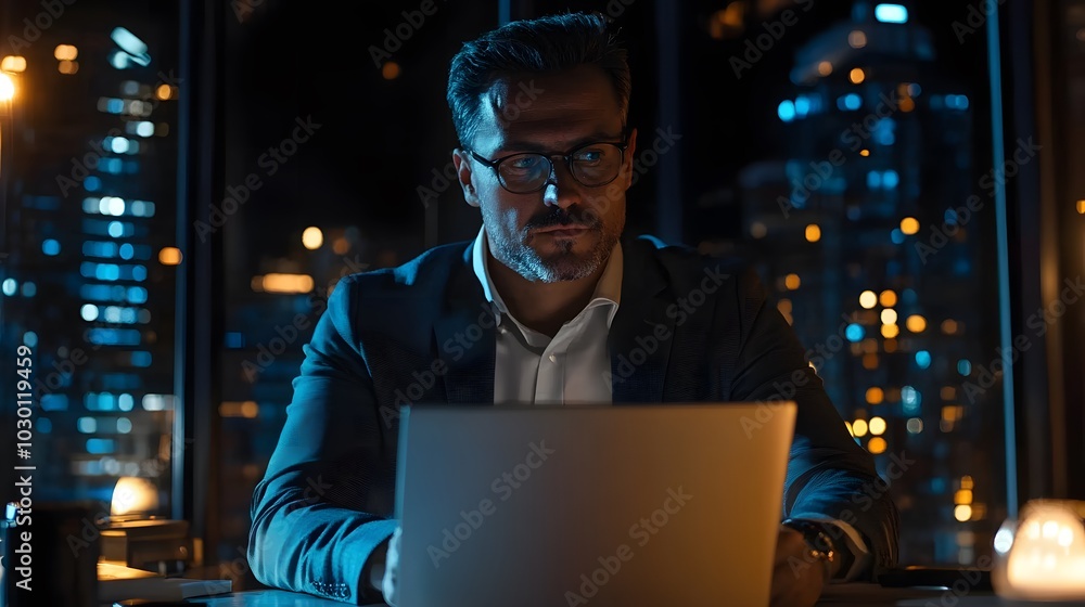 Businessman working late on laptop in city office at night Businessman working late on laptop in city office at night