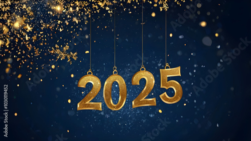 New Year 2025 golden numbers hanging with toys. falling snow and golden glitter on blue background