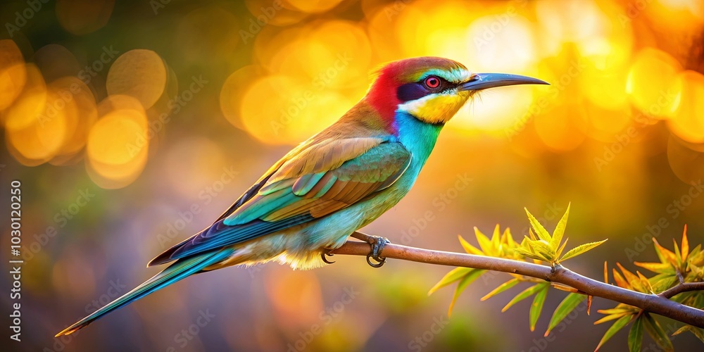 Obraz premium A vibrant bird with iridescent plumage perches gracefully on a slender branch, its beauty accentuated by the warm glow of the setting sun.