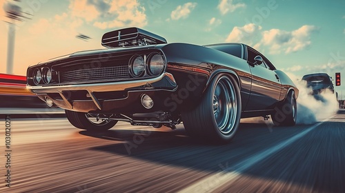 A black muscle car speeding down a highway with smoke coming from the tires. photo