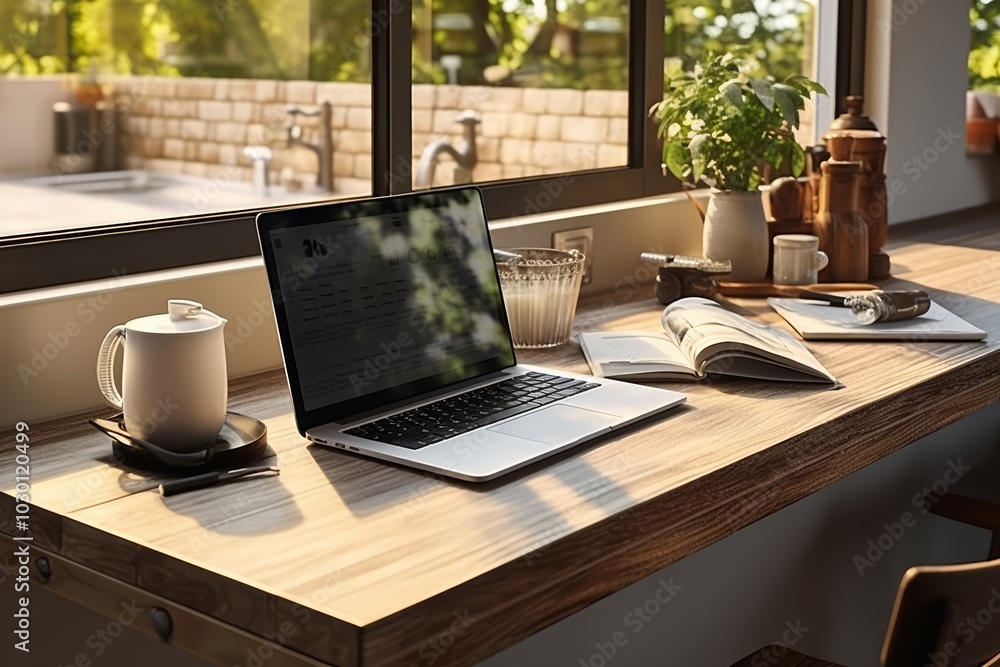 laptop stands on a desk overlooking a veranda with a notebook with notes and a mug of coffee, part of an interior without a person laptop stands on a desk overlooking a veranda with a notebook with notes and a mug of coffee, part of an interior without a person