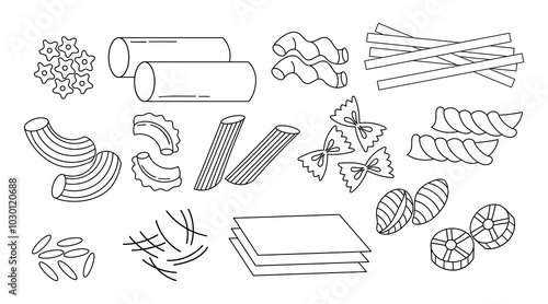 Various italian pasta types. Noodles different shape. Traditional cuisine Italy. Flat vector illustration, doodle, outline.