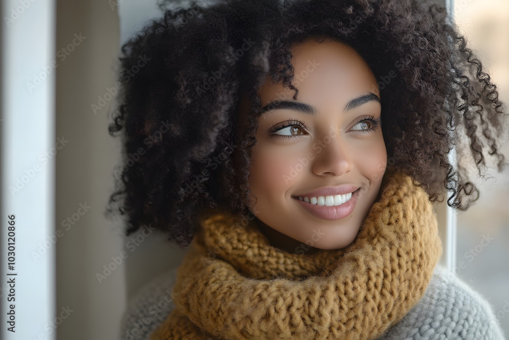Smiling Woman with Curly Hair and Knitted Scarf Smiling Woman with Curly Hair and Knitted Scarf