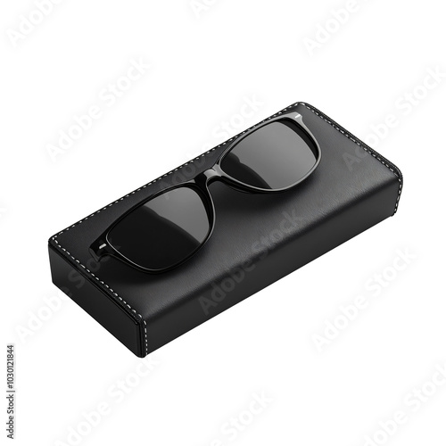 Black Sunglasses with Leather Case on Transparent background photo