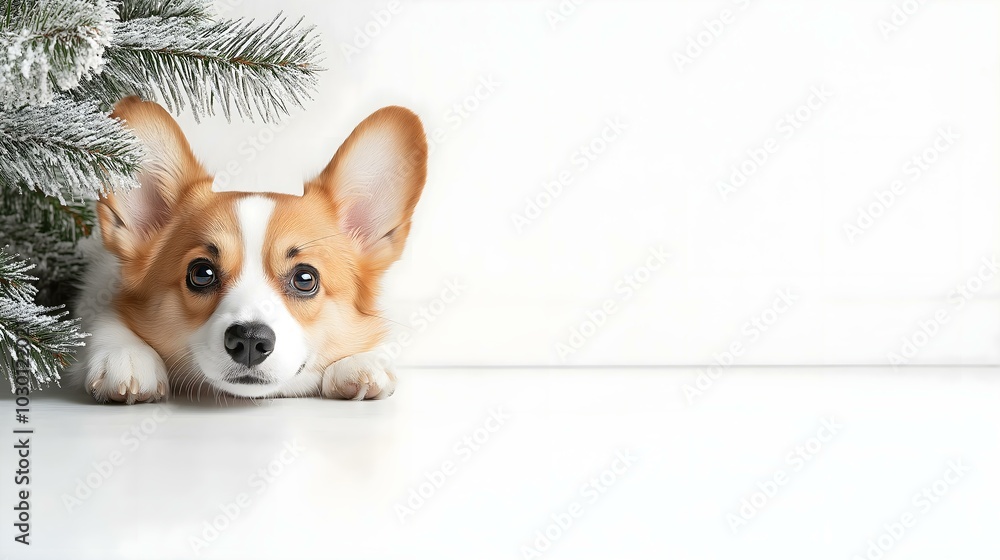 Corgi dog peeking from behind a Christmas tree Corgi dog peeking from behind a Christmas tree