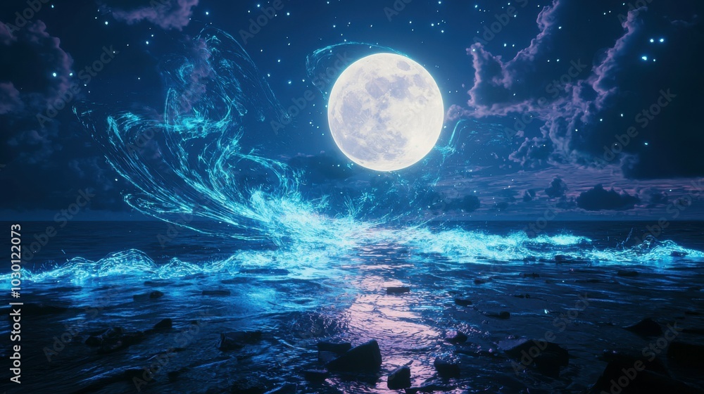 Naklejka premium A mesmerizing scene captures a bright moon over a shimmering ocean, with glowing waves crashing against rocky shores under a starry sky.