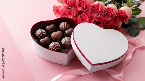 Chocolate Candy in Heart-Shaped Box with Red Roses Bouquet against Clean Background for Text Message St. Valentine’s Romantic Banner