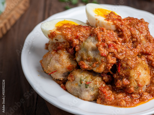 A plate of traditional siomai, a type of Indonesian steamed dumpling served with a spicy peanut sauce and accompanied by hard-boiled eggs. a hand holding a fork is lifting a piece photo