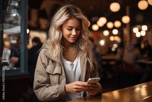 beautiful young girl in a jacket in a bar or cafe in the evening holds a phone in her hands looks at the screen and smiles