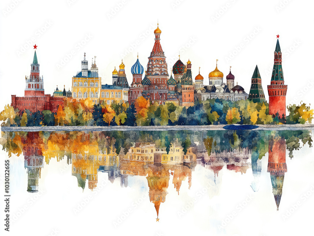 Obraz premium Iconic Russian skyline with St. Basil's Cathedral and modern towers